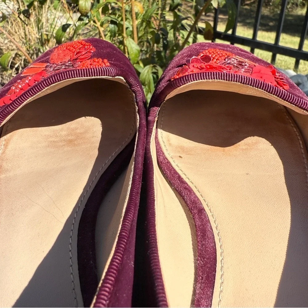 Tory Burch Women's Red Velvet Flats Size 8 Peace Bird Heart Sequins Casual